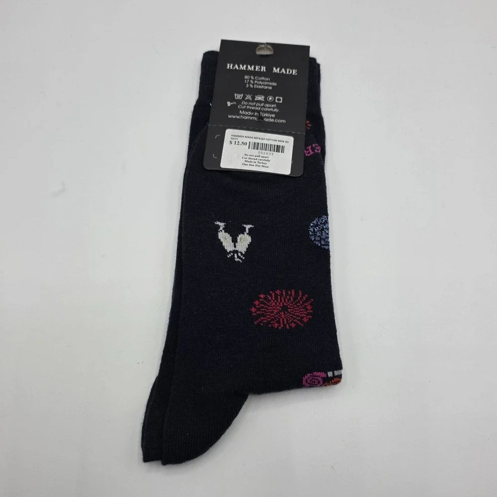 Hammer Made Men's Crew Socks Festive Pattern Navy Blue Cotton‎ Blend New